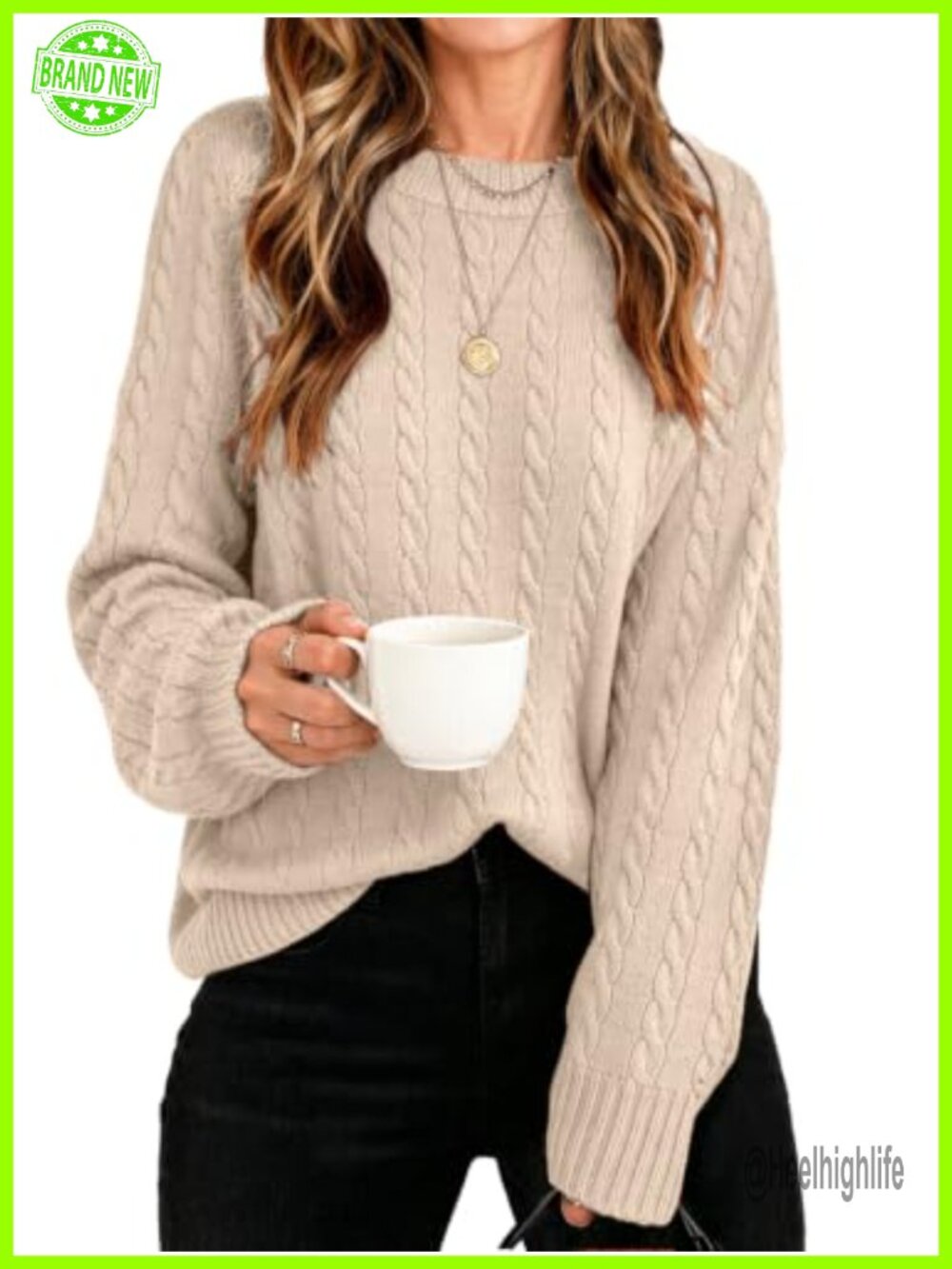 Cable Knit Long Sleeve Crewneck Pullover Sweater Women Lightweight